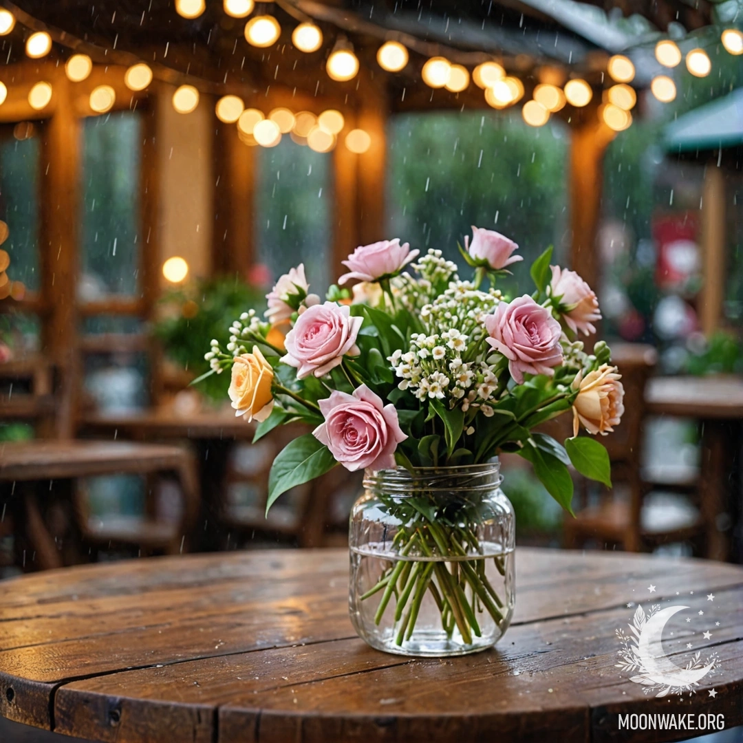 Старый деревянный стол, на котором стоит банка с цветами, и светлая гирлянда на фоне под дождём.