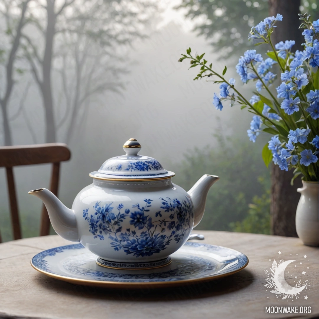 Круглый деревянный стол с фарфоровым чайником, наполненным синими цветами, окутанным густым туманом.