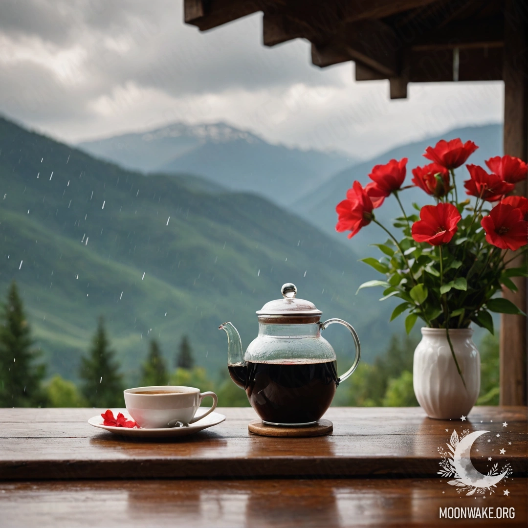 Спокойный деревянный стол с банкой красных цветов, кофейником и чашками на фоне гор под дождем.