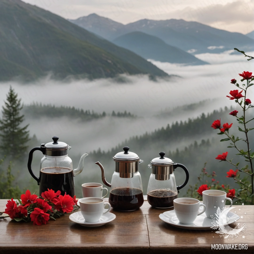 Абстрактный деревянный стол на фоне величественных гор, на котором стоит банка с красными цветами, кофейник и чашки в густом тумане.