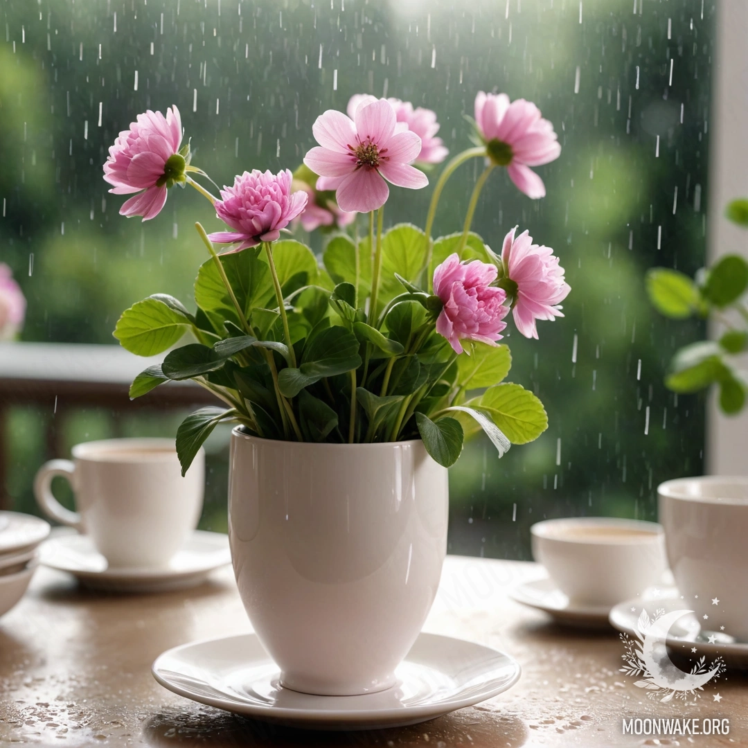 Фотореалистичное изображение белых фарфоровых чашек с розовым узором на круглой соломенной салфетке рядом с белой вазой с клевером под дождем.