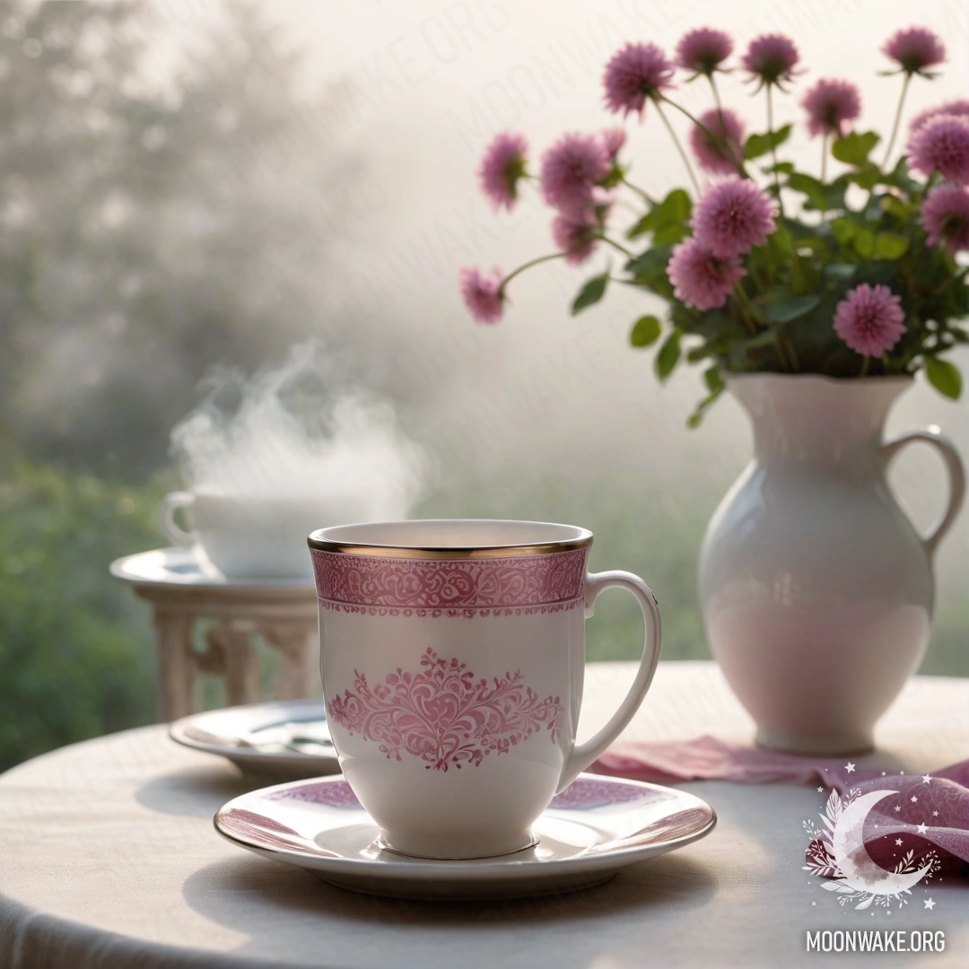 Круглая соломенная салфетка с фарфоровыми чашками белого цвета с розовым узором и белой вазой с клевером, окружённые плотным туманом.