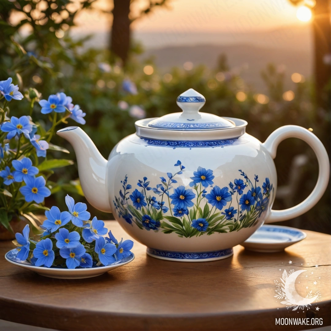 Круглый деревянный стол с фарфоровым чайником и голубыми цветами на закате.