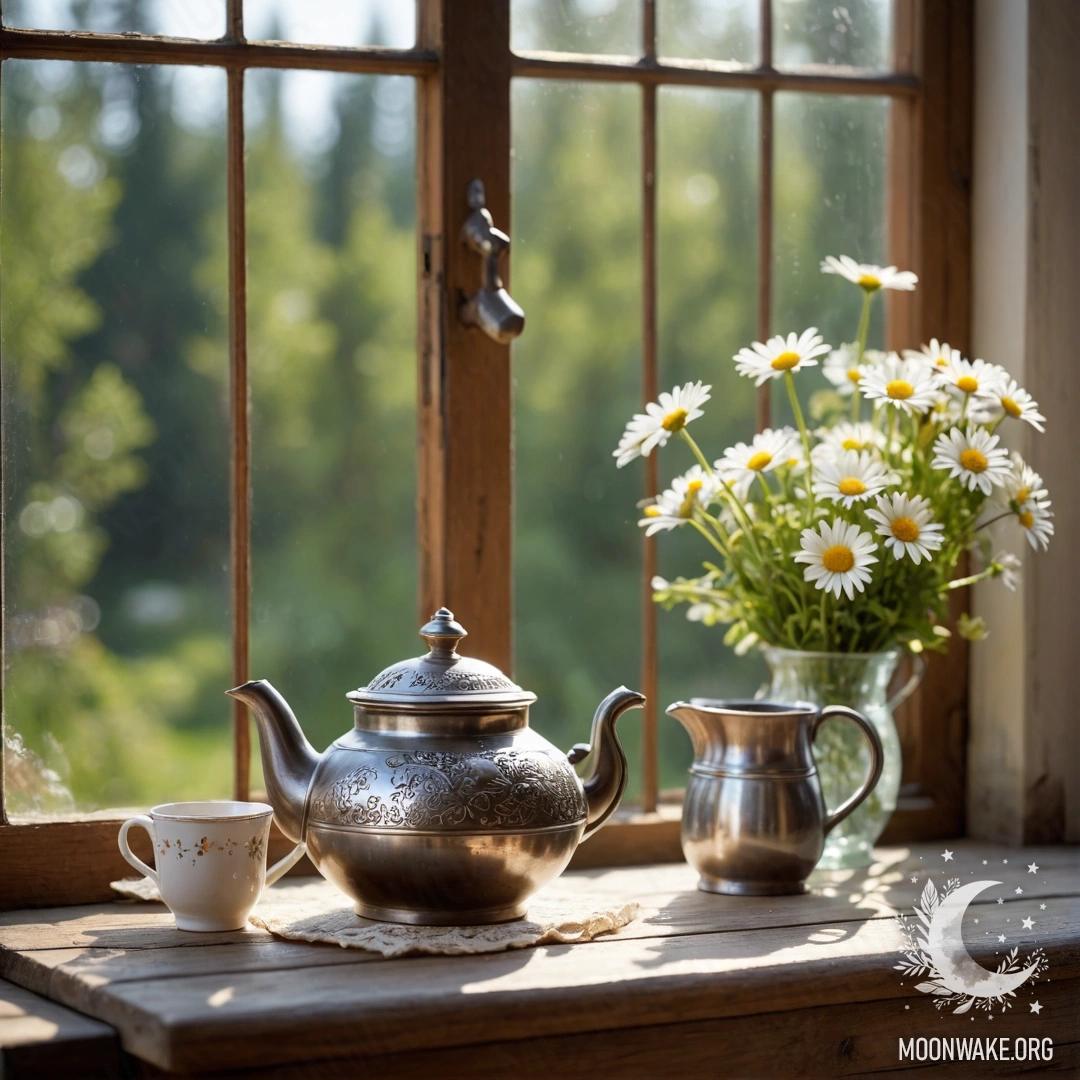 Обшарпанный деревянный подоконник, украшенный металлическим чайником и ромашками.