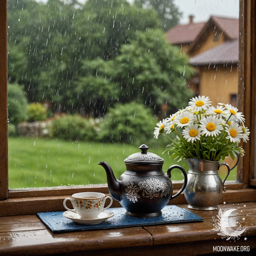 Уютный металлический чайник с узорами, в котором лежат ромашки, на потрепанном деревянном подоконнике под дождем.