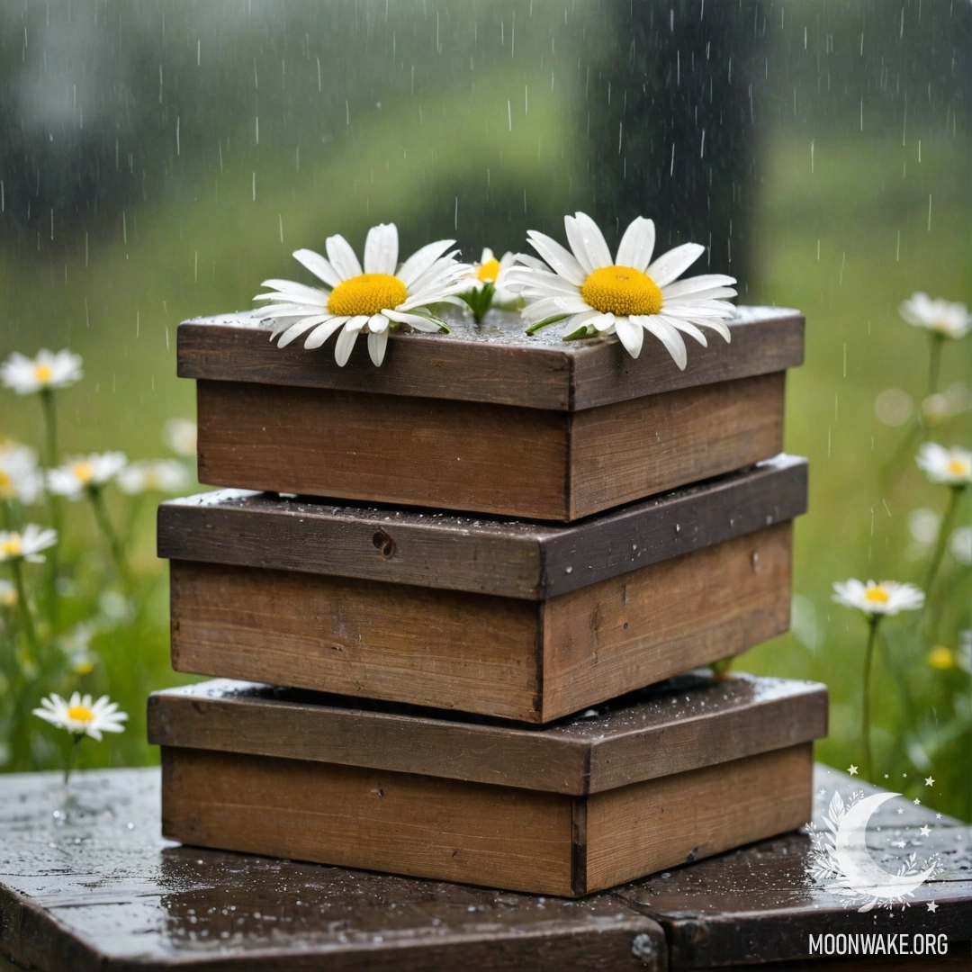 Две неопрятные деревянные коробки, стоящие в стопке, с ромашками под дождем
