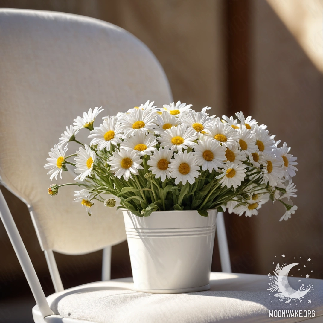 Крупный план уютного винтажного кресла с полупрозрачной тканью, чашкой кофе и белым молочным ведром, наполненным ромашками, освещённый солнечными лучами.