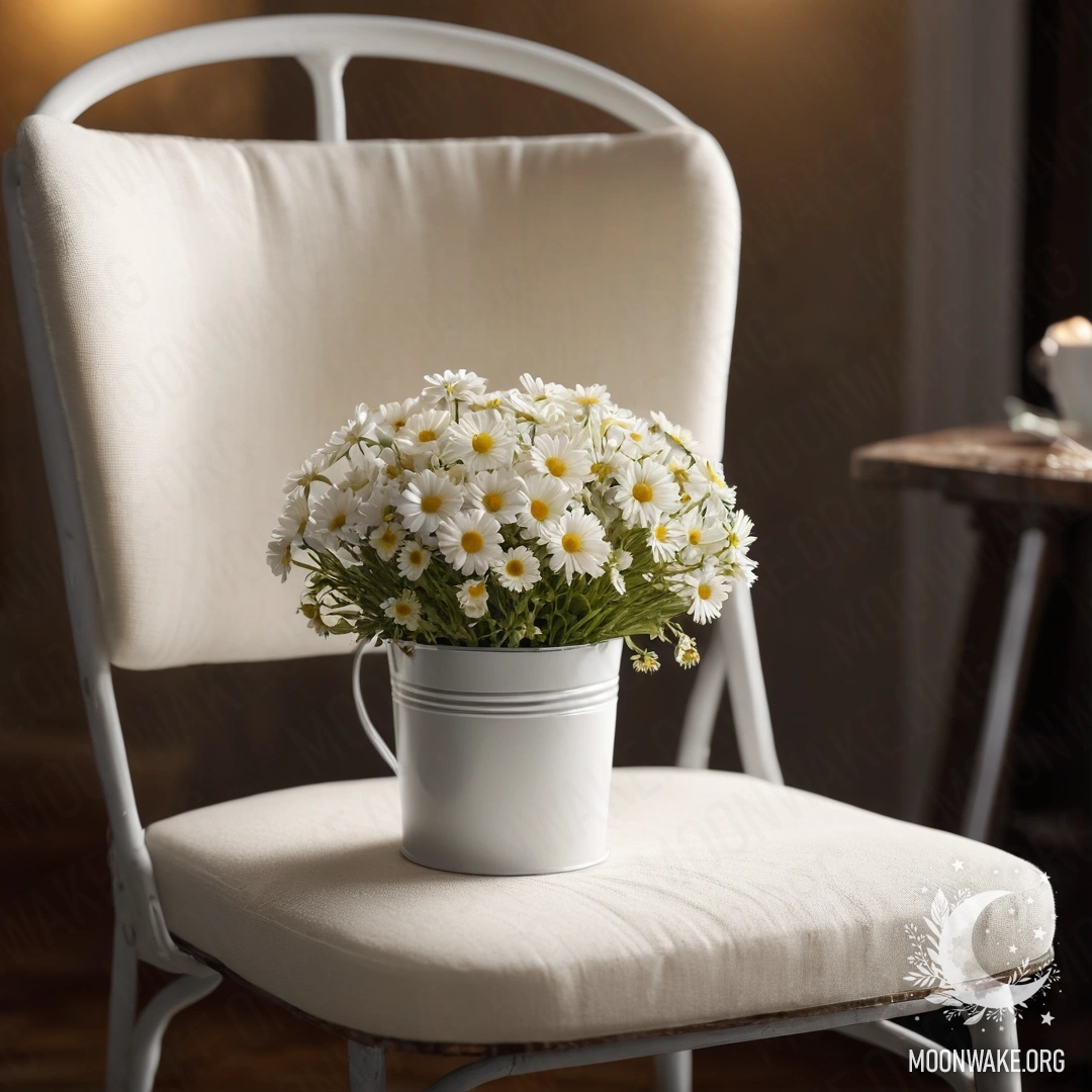 Крупный план винтажного кресла с белой тканью, чашкой кофе и ведром молока с ромашками ночью.