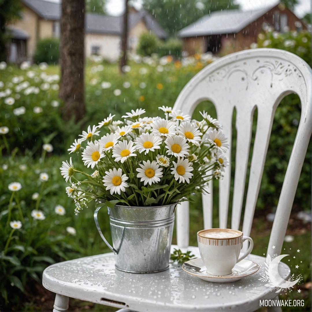 Крупный план винтажного стула, украшенного полупрозрачной белой тканью, на нем стоит чашка кофе, рядом белое молочное ведро с ромашками, всё под лёгким дождем.