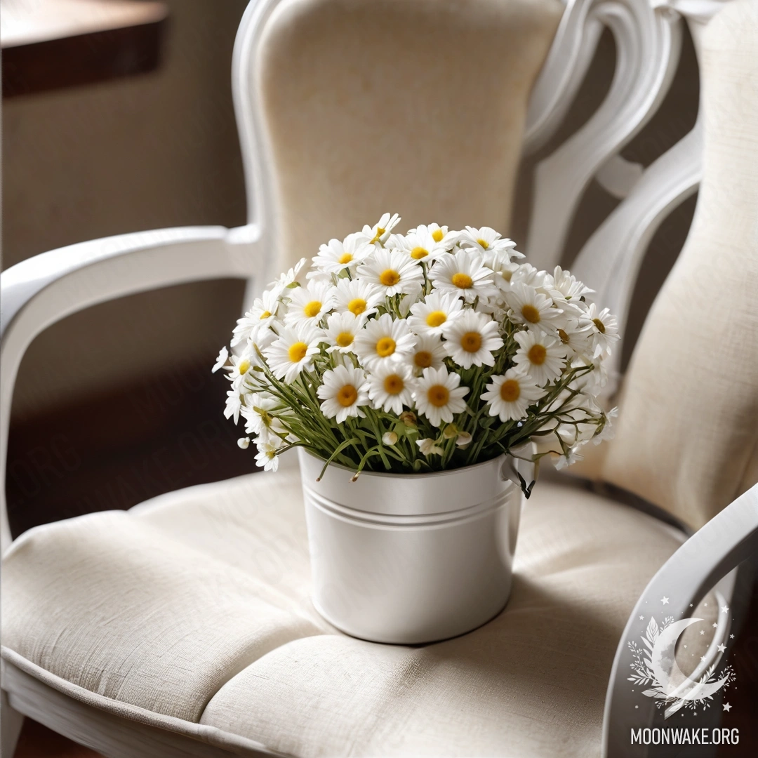 Крупный план уютного винтажного кресла с белой тканью, чашкой кофе и белым ведром с ромашками.