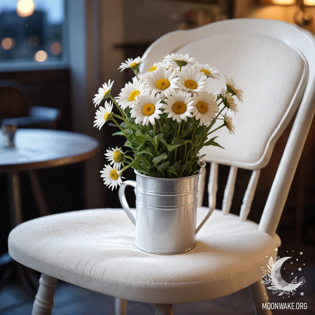 Крупный план уютного винтажного кресла, украшенного белой тканью, чашкой кофе и молочным ведром с букетом ромашек под вечерним светом.