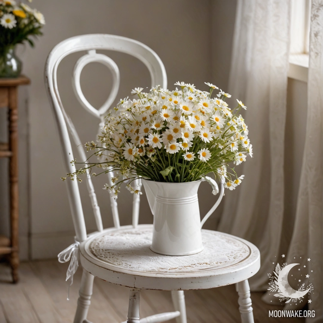 Крупный план старинного кресла с полупрозрачной тканью, чашкой кофе на нем и белым молочным ведром с букетом ромашек при свете гирлянды.