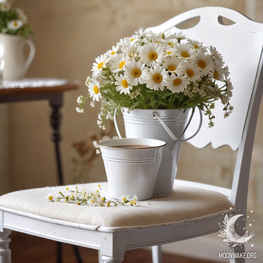 Крупный план винтажного кресла с белой тканью, чашкой кофе и ведром с ромашками.