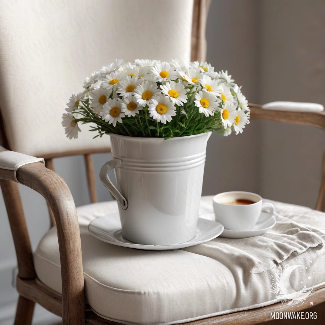 Крупный план винтажного стула с белой тканью, чашкой кофе и молочным ведром с ромашками.