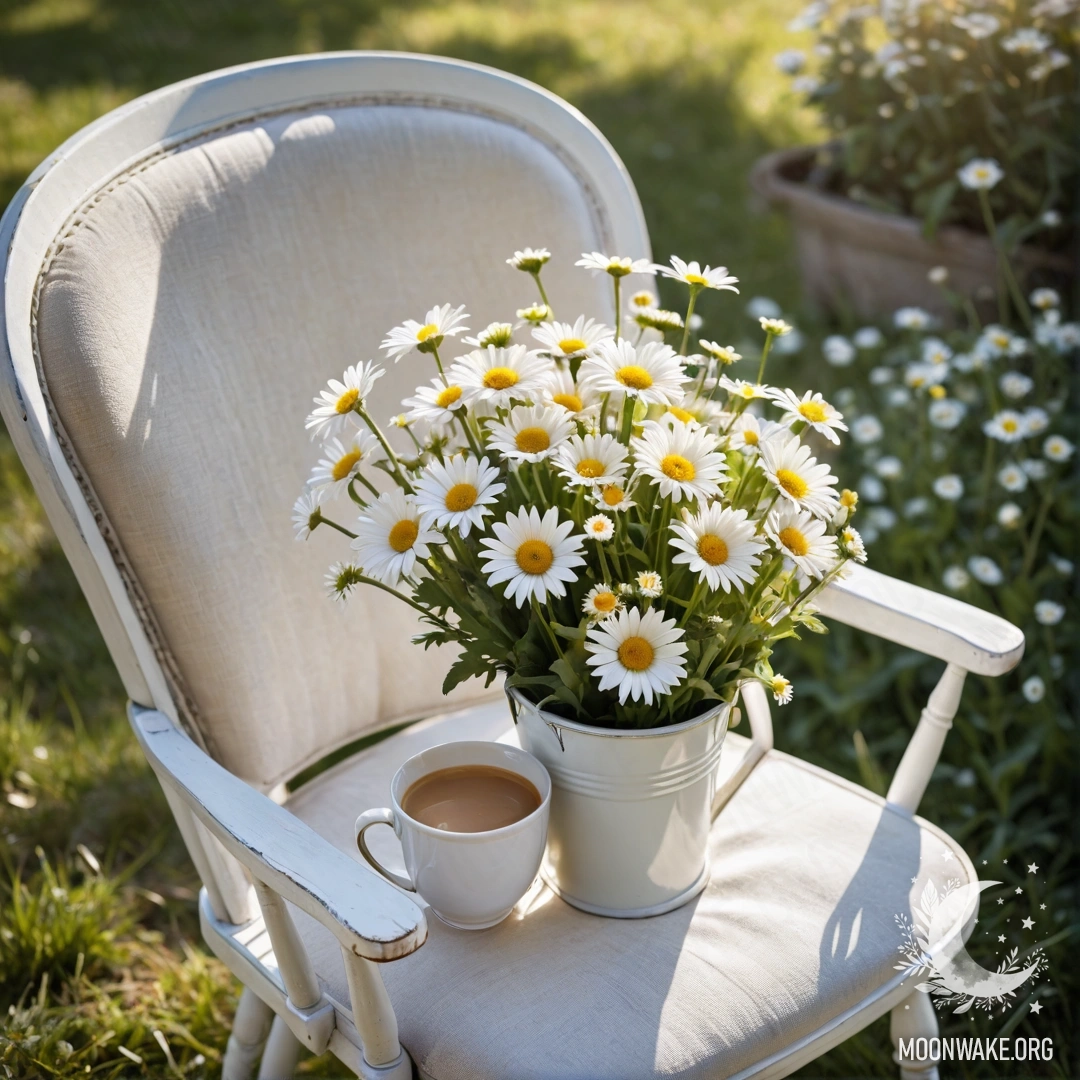 Крупный план shabby винтажного стула с белой тканью, чашкой кофе и молочным ведром, наполненным ромашками, освещённый солнечными лучами.