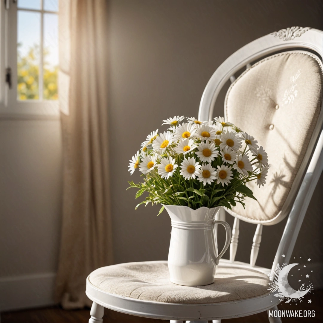 Крупный план уютного винтажного стула с белой тканью, чашкой кофе и молочным ведром с ромашками, освещённый солнечными лучами.