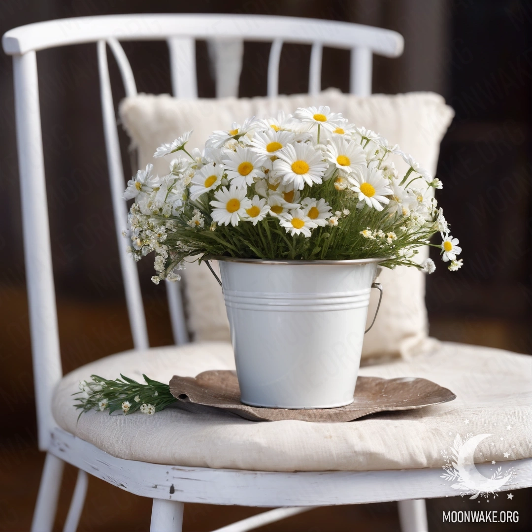 Крупный план уютного винтажного кресла с полупрозрачной тканью, чашкой кофе и молочным ведром с ромашками в ночное время.