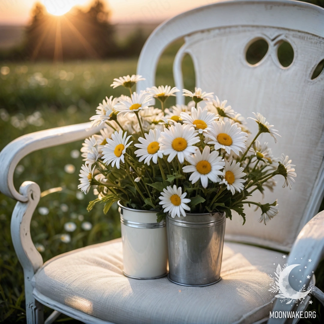 Крупный план уютного винтажного кресла с белой тканью, рядом чашка кофе и ведро с ромашками на закате.