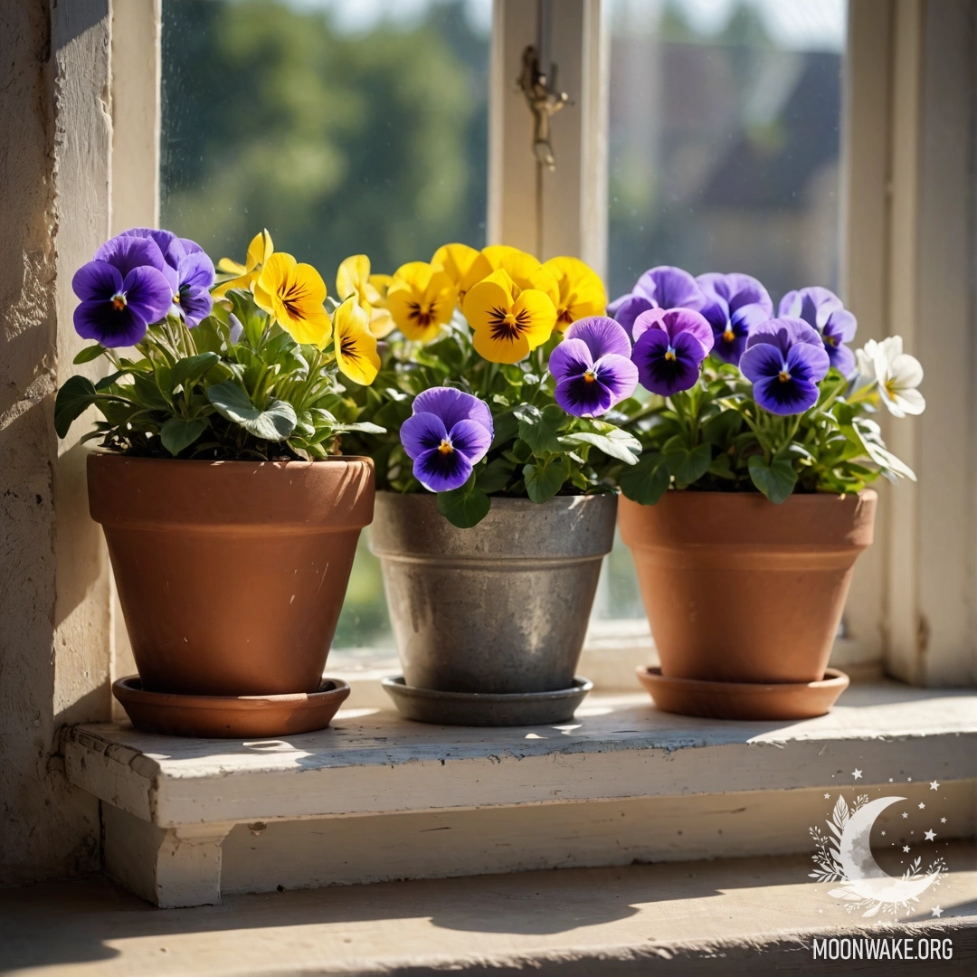 Старинный подоконник, украшенный винтажными цветочными горшками с фиалками, освещенный солнечными лучами.