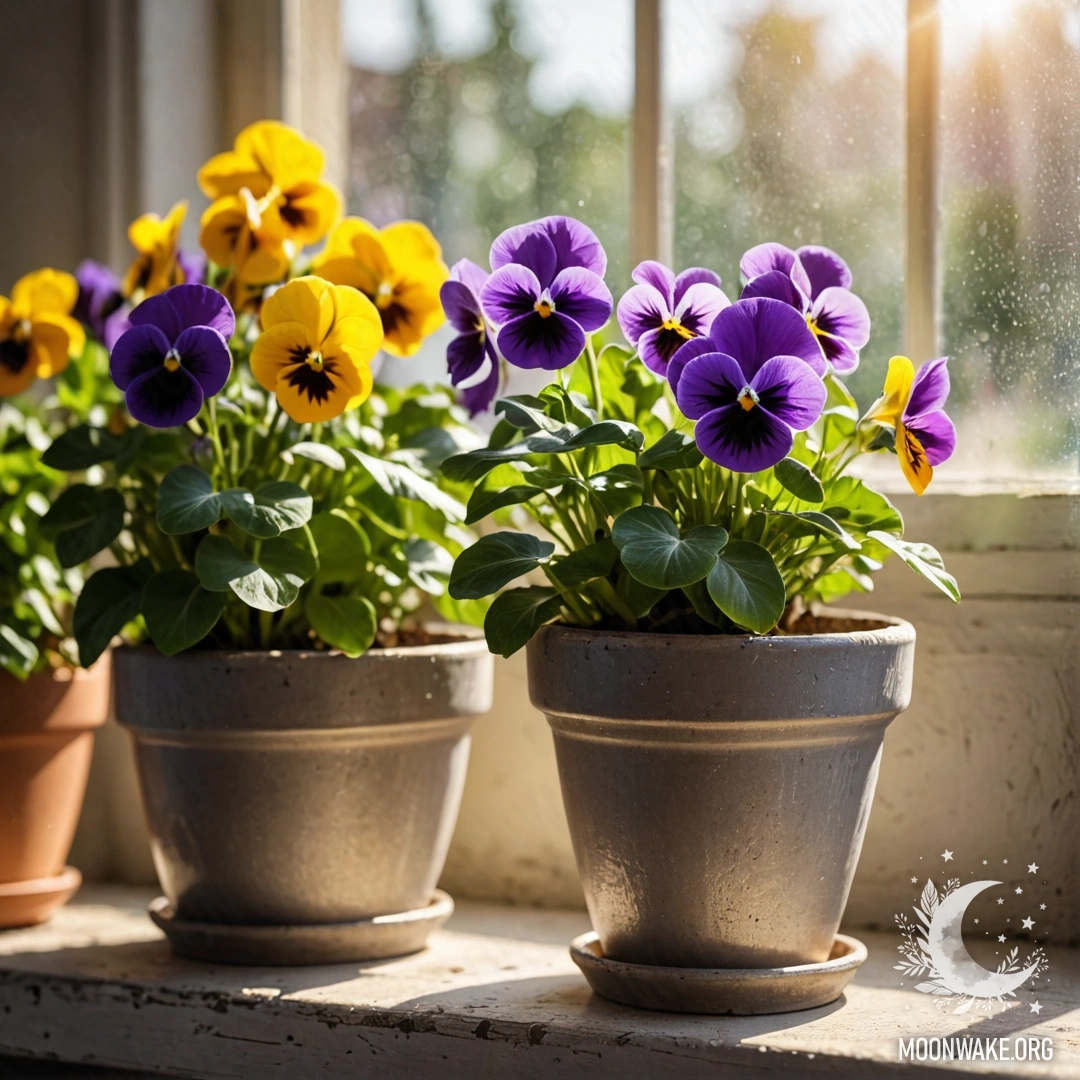 Старый подоконник, украшенный винтажными цветочными горшками с фиалками, освещенный мягкими солнечными лучами.