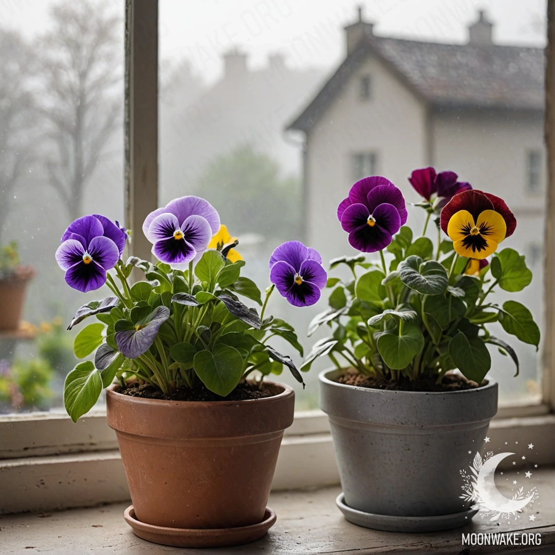 Уютные винтажные цветочные горшки с фиалками, окутанные густым туманом на подоконнике.