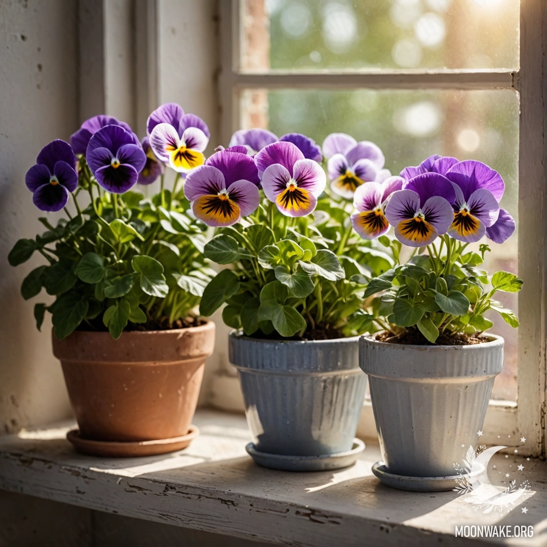 Фотография винтажных цветочных горшков с фиалками на обшарпанном подоконнике, освещенном солнечными лучами.