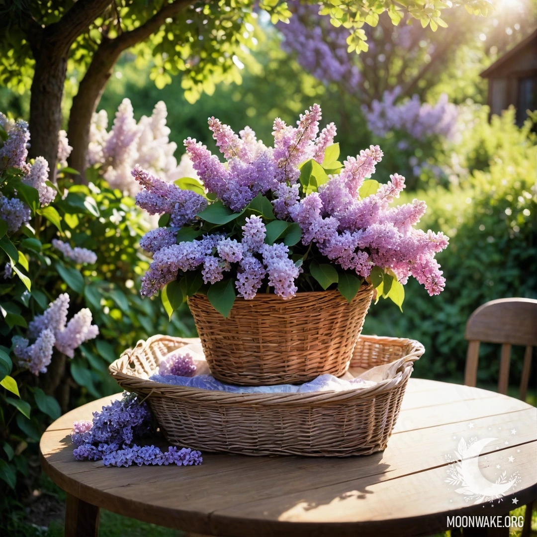 Уютный винтажный деревянный стол, окруженный фиолетовой сиренью в саду, украшенном гирляндами.