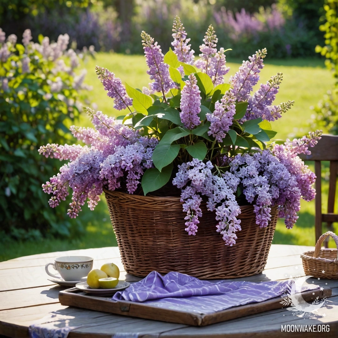 Деревянный стол с корзиной сирени в саду.