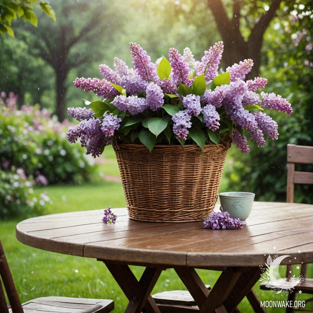 Уютный винтажный деревянный стол с корзиной сирени в саду среди зелени под дождем.