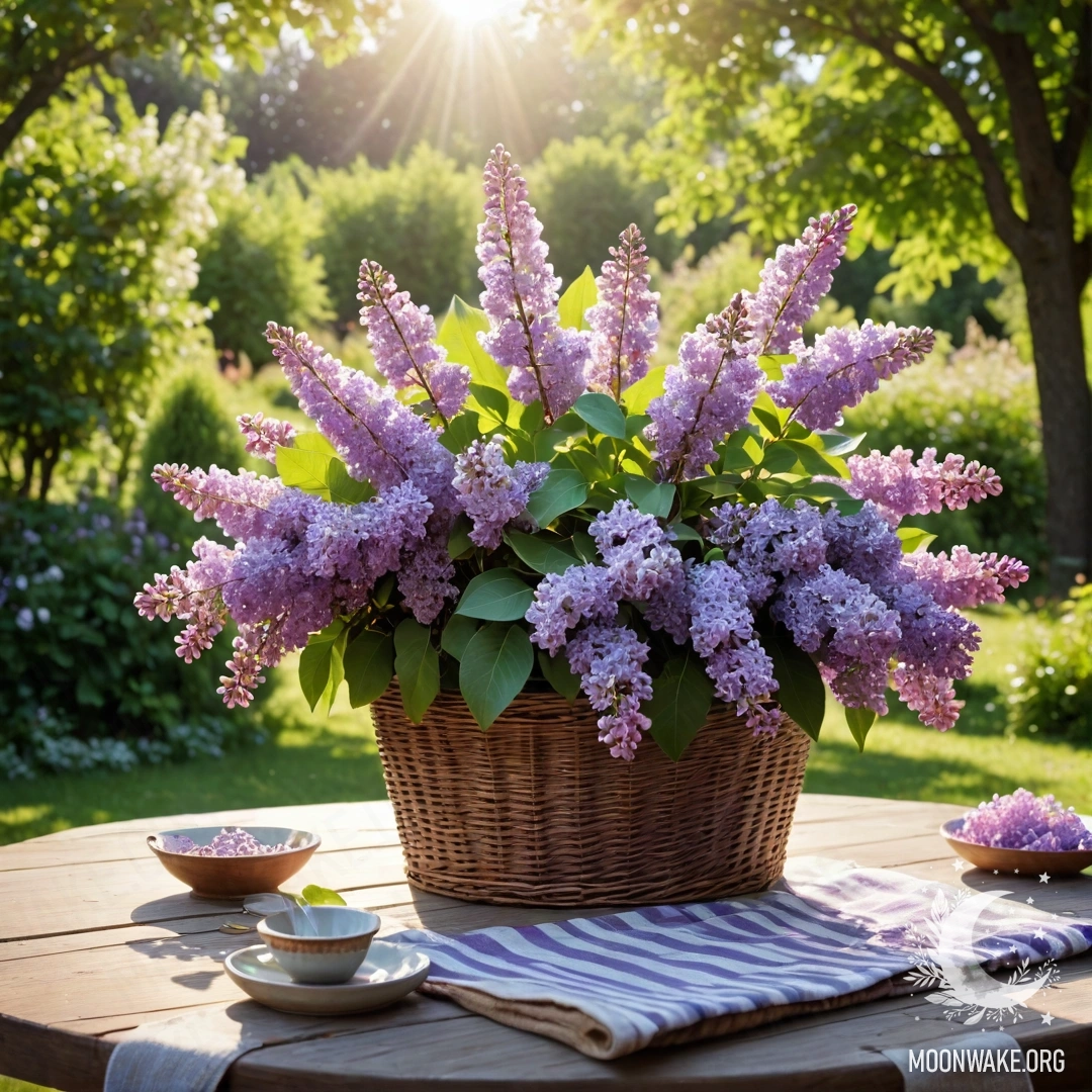 Уютный винтажный деревянный стол с корзиной сирени в саду, освещенном солнечными лучами.