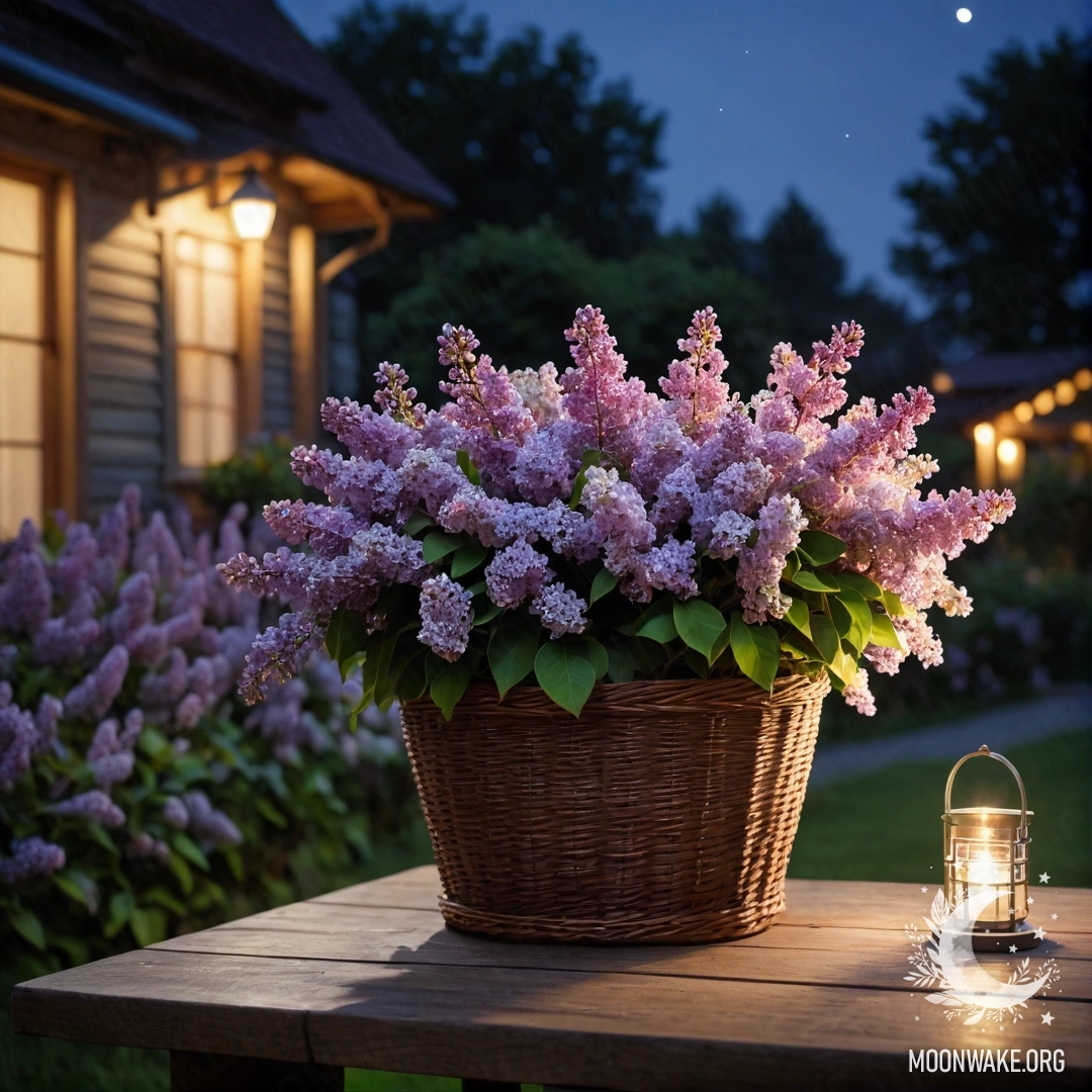 Винтажный деревянный стол с корзиной сирени в саду ночью.