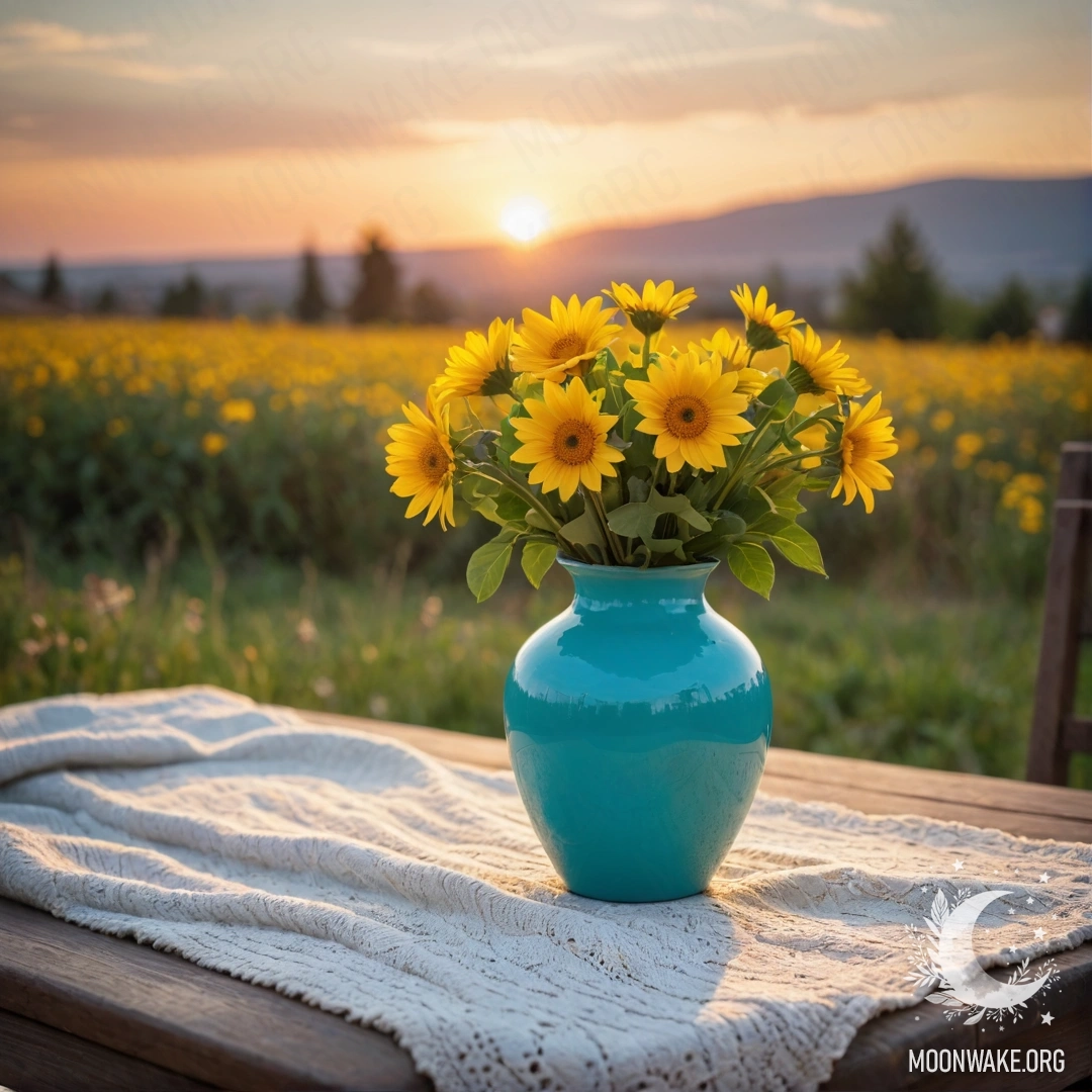 Уютный старый деревянный стол с белой вязаной скатертью и бирюзовой вазой, наполненной желтыми цветами на закате.