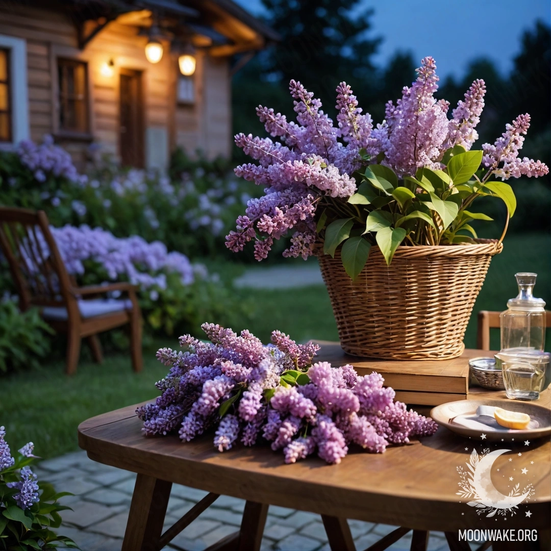 Уютный винтажный деревянный стол с корзиной сирени в саду ночью.