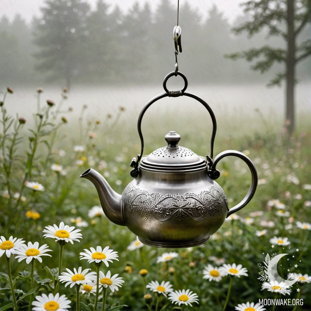 Винтажный чайник, висящий на крючке, с букетом ромашек внутри, размытый фон сада.