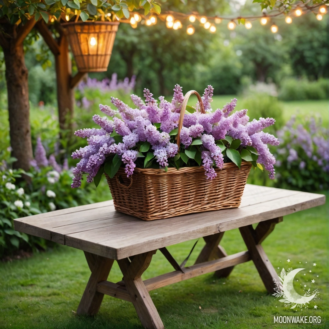 Старинный деревянный столик с корзиной сирени в садовой атмосфере с гирляндой огней.