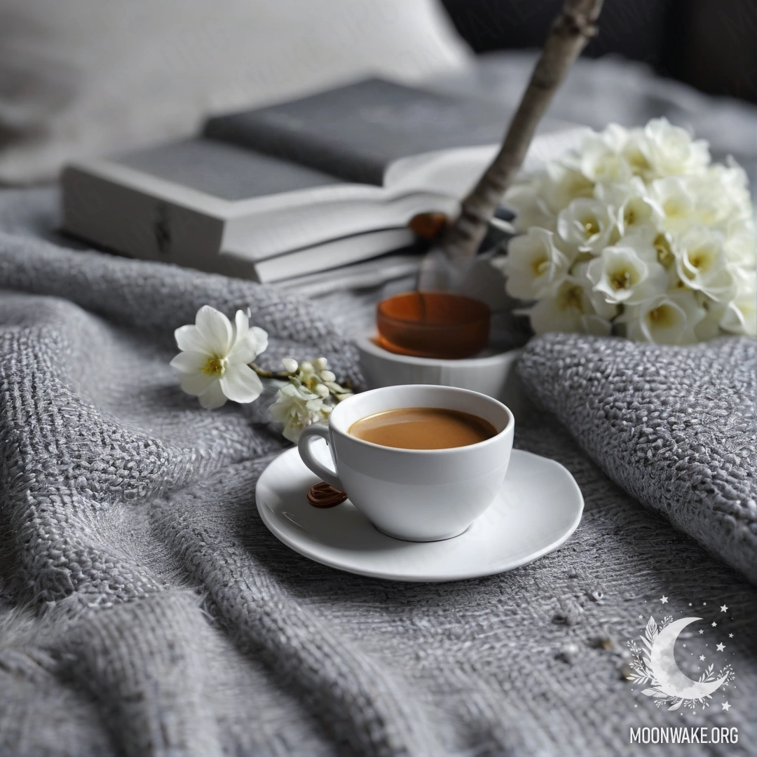 Крупный план белого кресла, украшенного серым вязаным пледом, книгой, веточкой с белыми цветами и чашкой кофе.