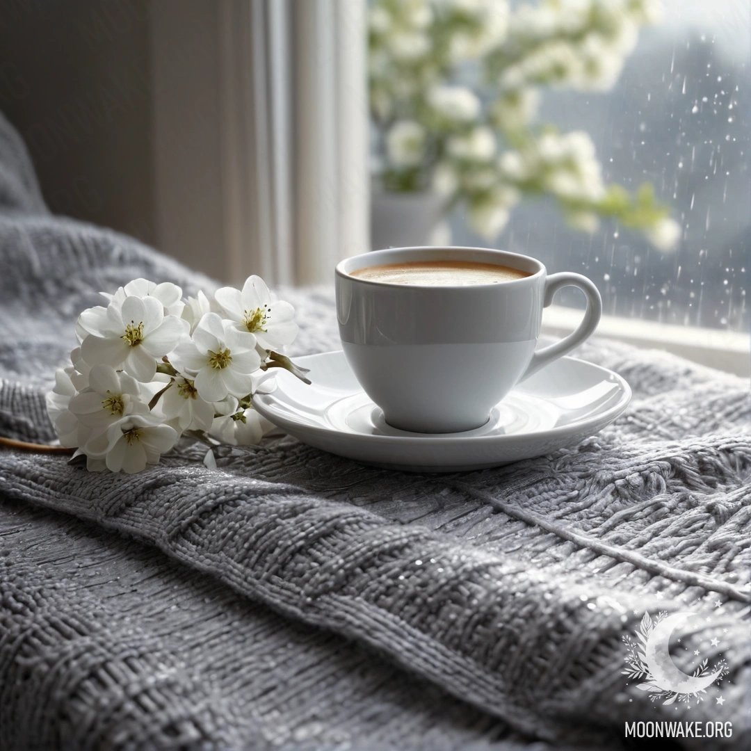 Крупный план белого кресла, на котором лежит серый вязаный плед, книга, ветка с белыми цветами и чашка кофе под нежным дождем.