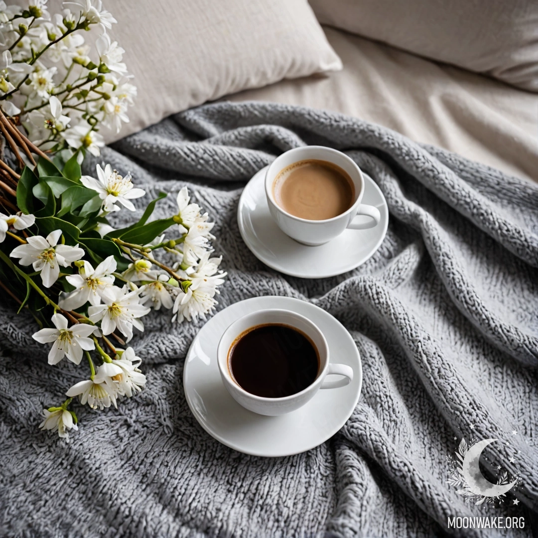 Крупный план красивого белого кресла с серым вязаным пледом, книгой, веткой с белыми цветами и белой чашкой кофе.