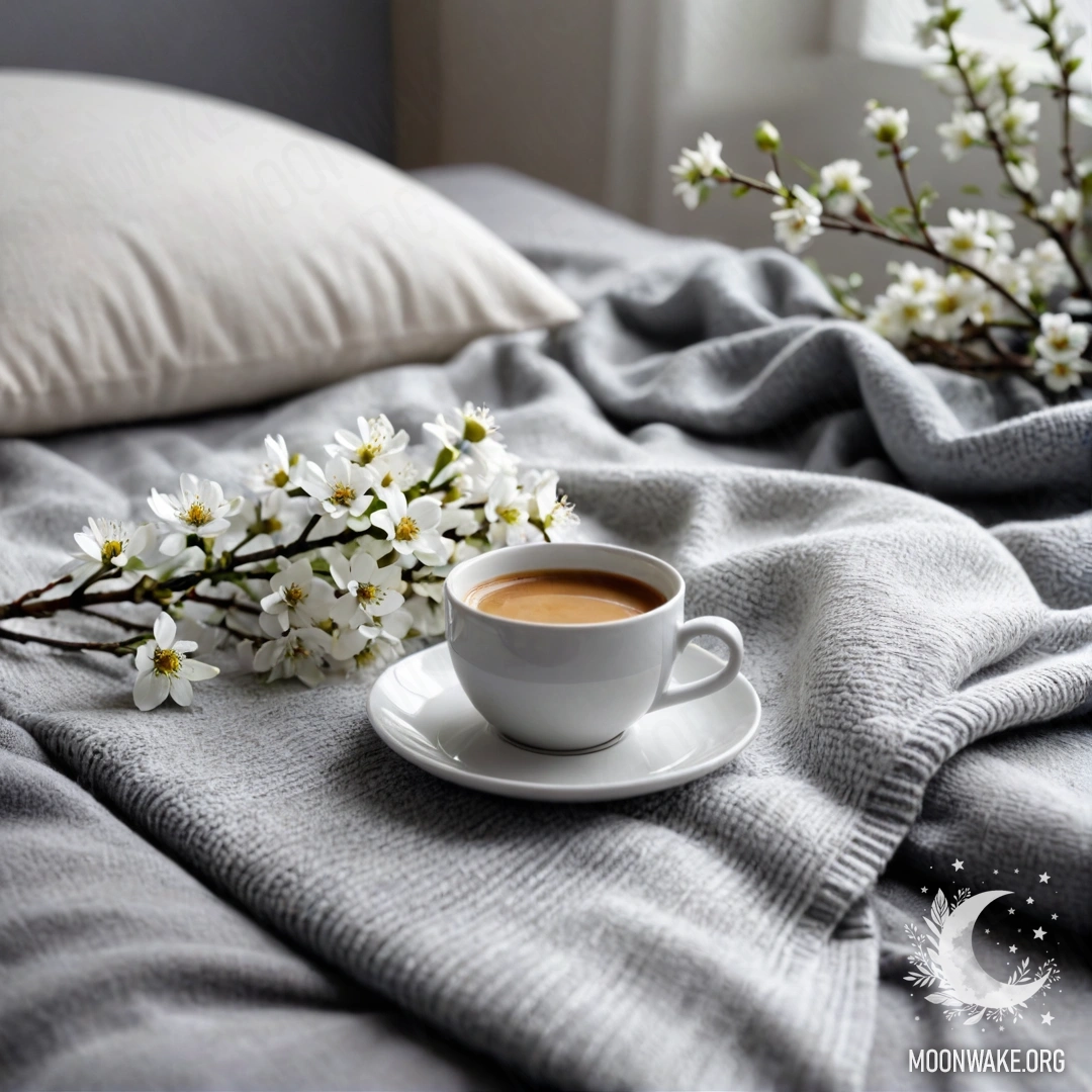 Крупный план белого кресла с серым вязаным пледом, книгой, веточкой с белыми цветами и чашкой белого кофе на нем.