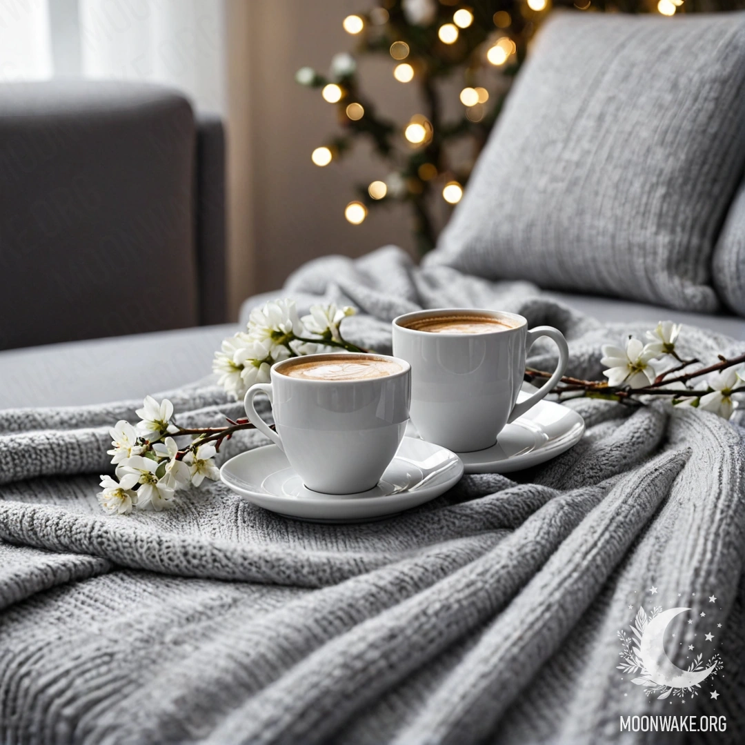 Крупный план белого кресла с серым вязаным пледом, книгой, веточкой с белыми цветами и белой чашкой кофе, окруженной мягкими огоньками гирлянды.
