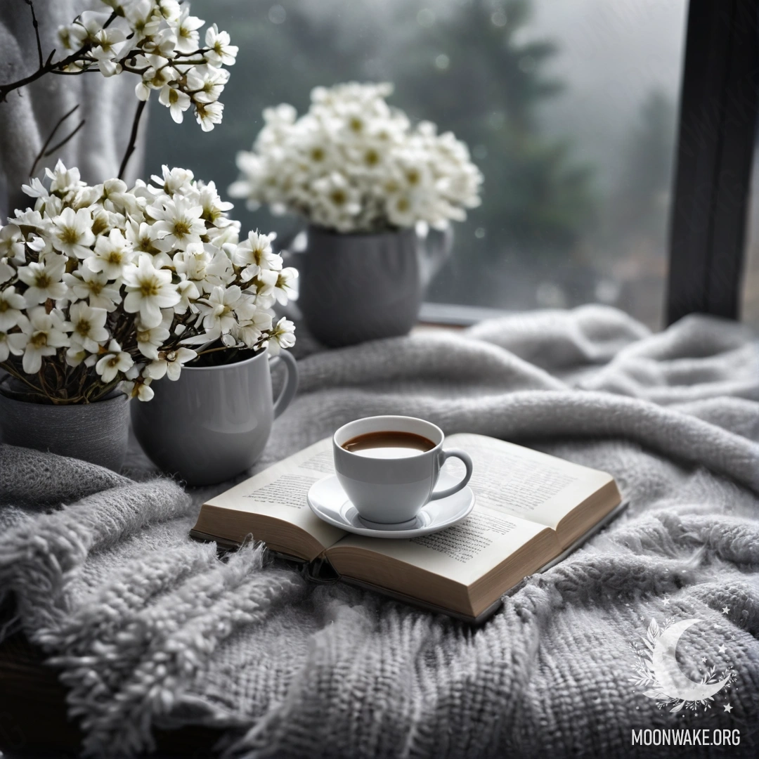 Крупный план уютного белого кресла, на котором лежит серый вязаный плед, книга, ветка с белыми цветами и белая чашка кофе, окруженные густым туманом.