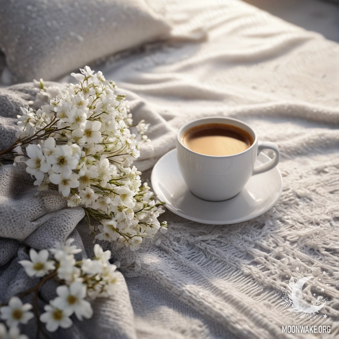 Крупный план уютного белого кресла, украшенного серым вязаным пледом, книгой, цветущей веточкой и белой чашкой кофе, освещенными нежными солнечными лучами.