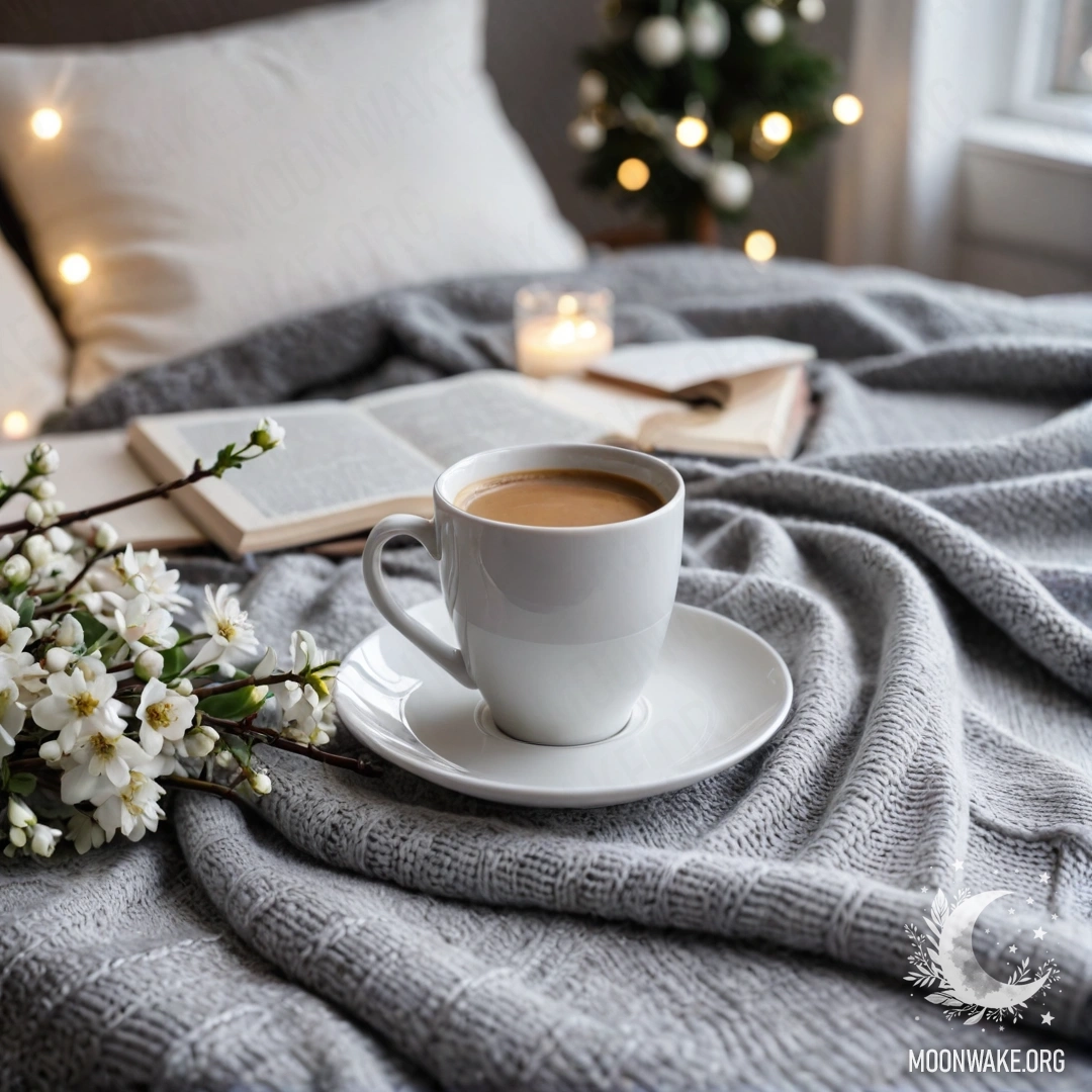 Крупный план спокойного белого кресла, на котором лежит серый вязаный плед, книга, ветка с белыми цветами и белая чашка кофе с гирляндой огней.