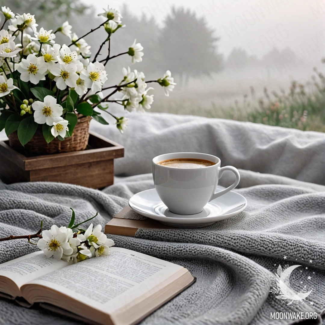 Крупный план белого стула, на котором лежит серый вязаный плед, книга, ветка с белыми цветами и белая чашка кофе, окутанные густым туманом.