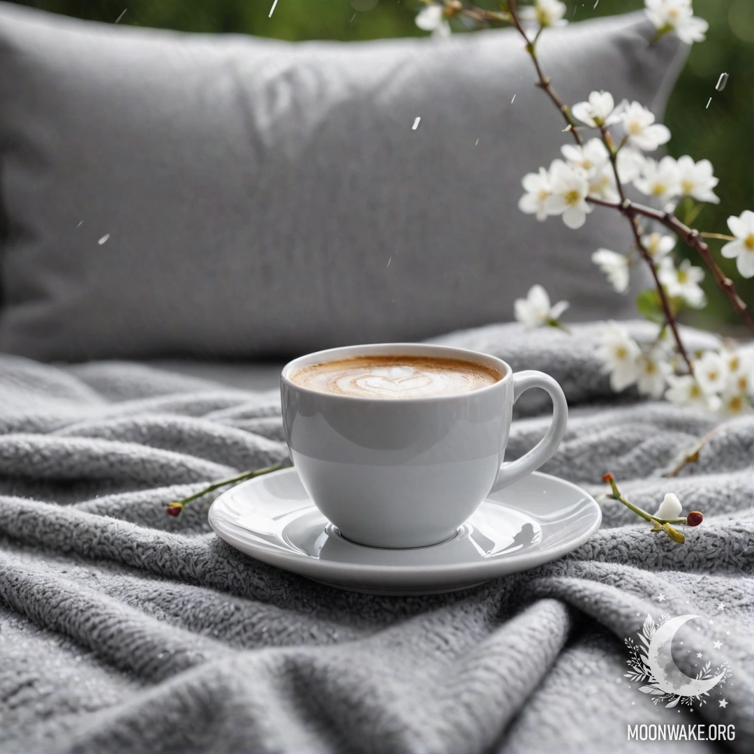 Уютное белое кресло с серым вязаным пледом, книгой, веточкой с белыми цветами и белой чашкой кофе под дождем.