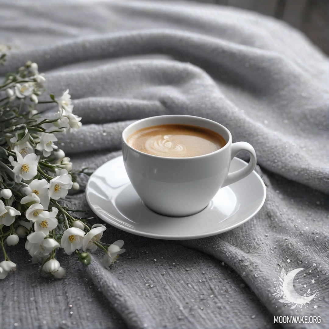 Крупный план белого стула с серым вязаным пледом, книгой, веткой с белыми цветами и белой чашкой кофе под дождем.