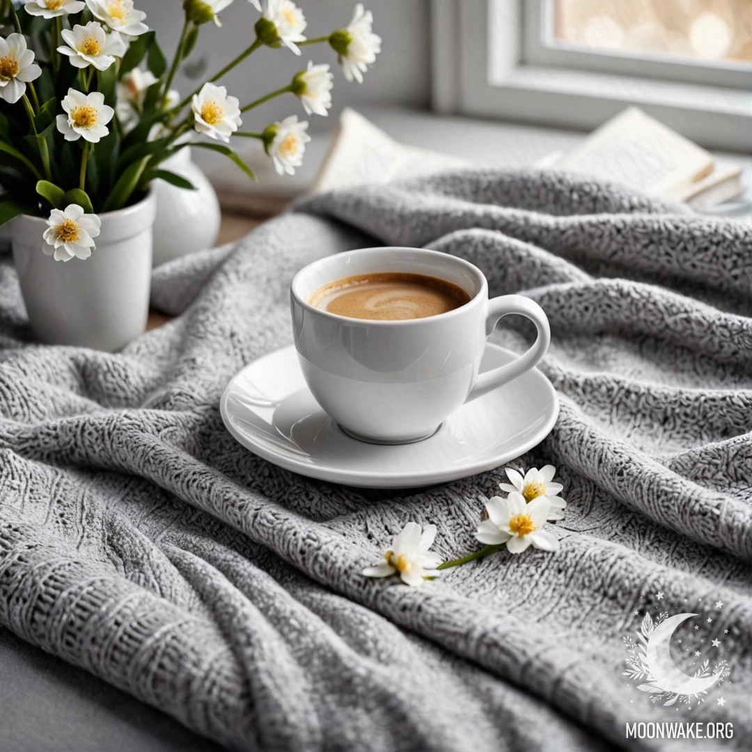 Крупный план белого кресла, украшенного серым вязаным пледом, книгой, ветвью с белыми цветами и чашкой кофе на нём.