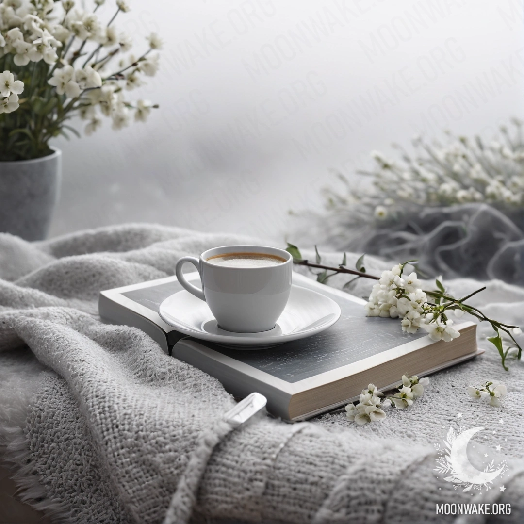 Крупный план абстрактного белого кресла, на котором лежат серый вязаный плед, книга, ветка с белыми цветами и белая чашка кофе, окружённые густым туманом.