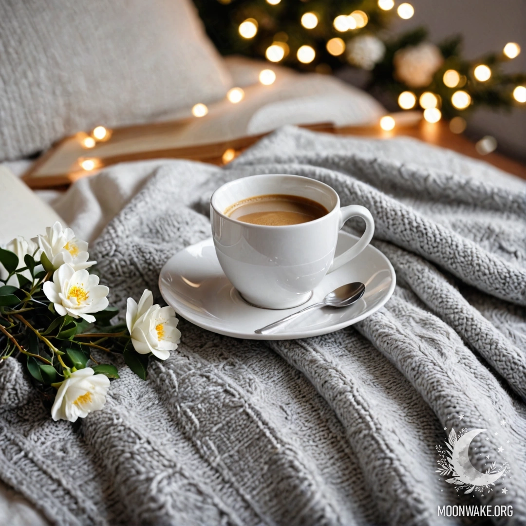 Крупный план белого стула с серым вязаным пледом, книгой, веткой с белыми цветами и белой чашкой кофе, освещённой гирляндой