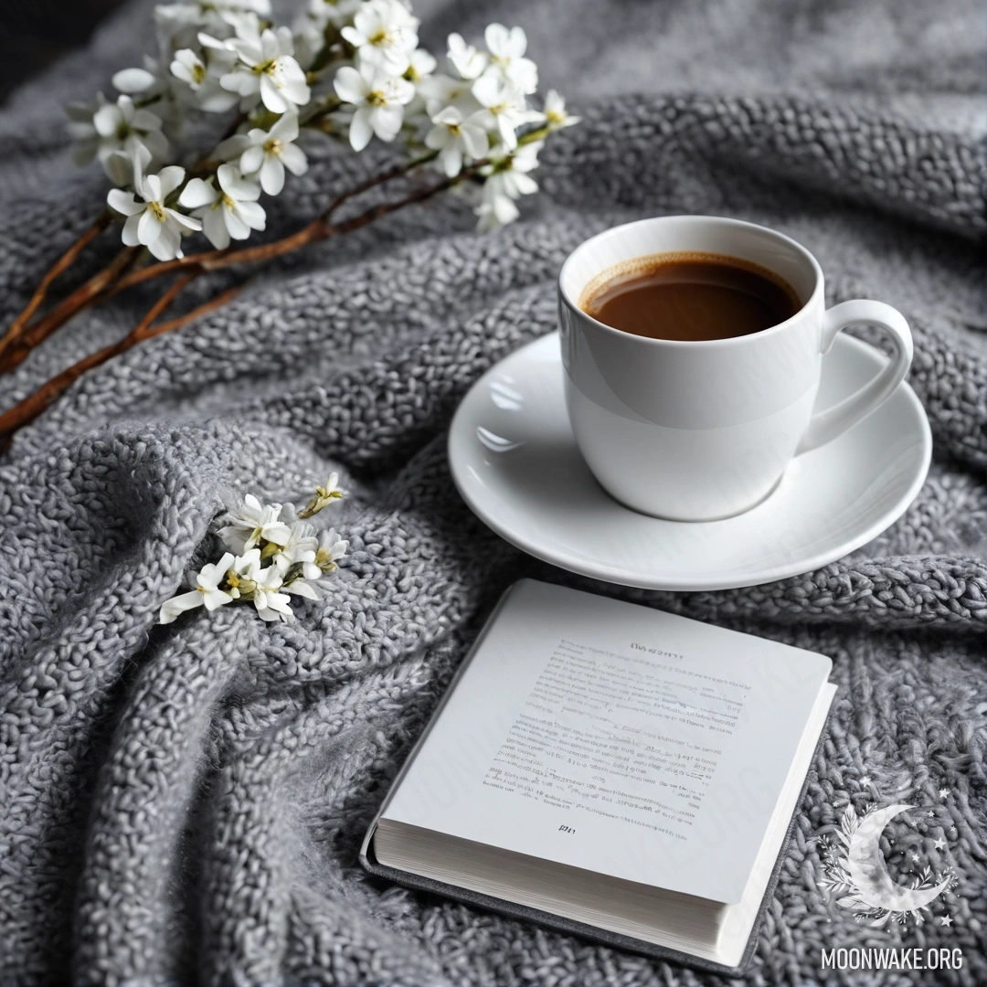 Крупный план белого кресла, украшенного серым вязаным пледом, книгой, веткой с белыми цветами и чашкой кофе, создающими уютную атмосферу.